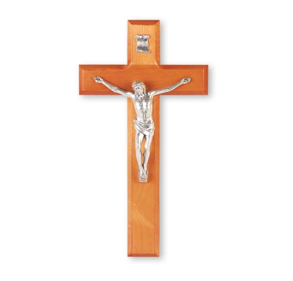 10" Natural Cherry Wood Wall Crucifix with Genuine Silver Pewter Corpus