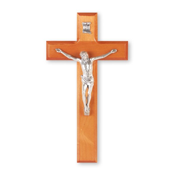 10" Natural Cherry Wood Wall Crucifix with Genuine Silver Pewter Corpus