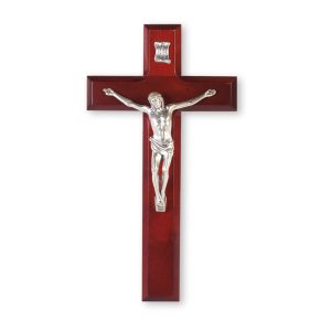 10" Dark Cherry Wood Wall Crucifix with Genuine Silver Pewter Corpus