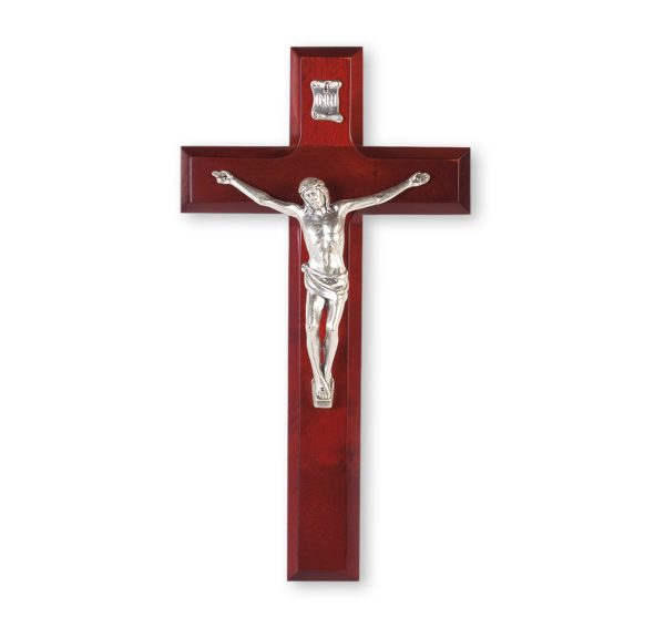 10" Dark Cherry Wood Wall Crucifix with Genuine Silver Pewter Corpus