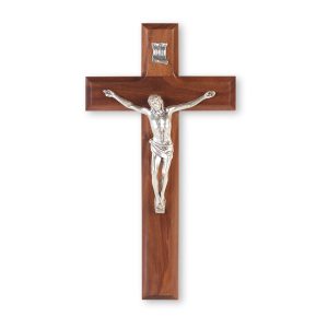 10" Walnut Wood Wall Crucifix with Genuine Silver Pewter Corpus