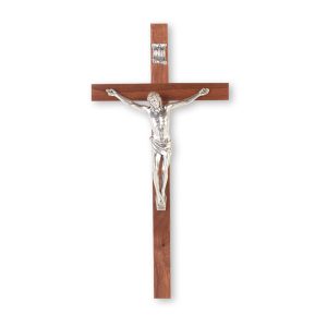 10" Walnut Wood Wall Crucifix with Genuine Silver Pewter Corpus