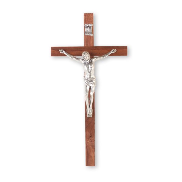 10" Walnut Wood Wall Crucifix with Genuine Silver Pewter Corpus