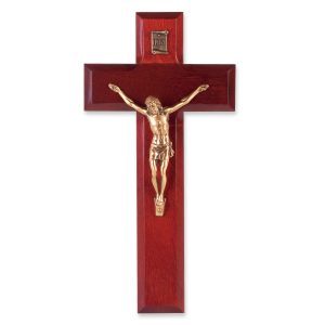 8" Dark Cherry Wood Wall Crucifix with Genuine Bronze Pewter Corpus