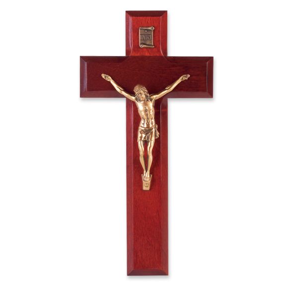 8" Dark Cherry Wood Wall Crucifix with Genuine Bronze Pewter Corpus