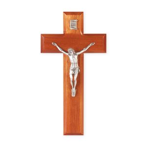8" Natural Cherry Wood Wall Crucifix with Genuine Silver Pewter Corpus