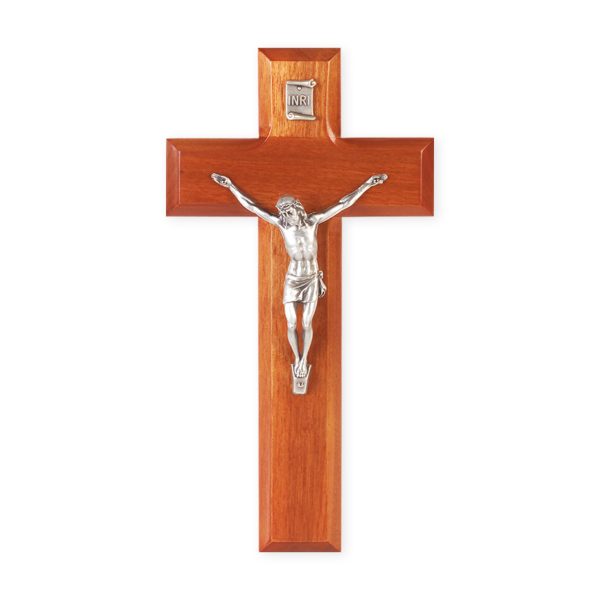 8" Natural Cherry Wood Wall Crucifix with Genuine Silver Pewter Corpus