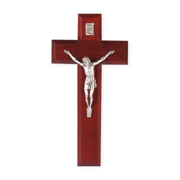 11" Dark Cherry Wood Wall Crucifix with Genuine Silver Pewter Corpus