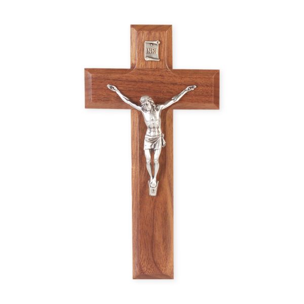 8" Genuine Walnut Wall Crucifix with Genuine Silver Pewter Corpus