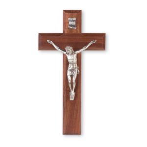 12" Genuine Walnut Wood Wall Crucifix with Genuine Silver Pewter Corpus