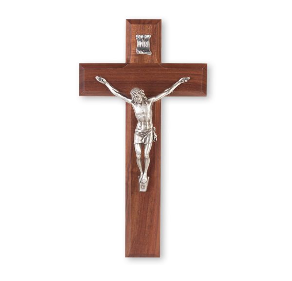 12" Genuine Walnut Wood Wall Crucifix with Genuine Silver Pewter Corpus