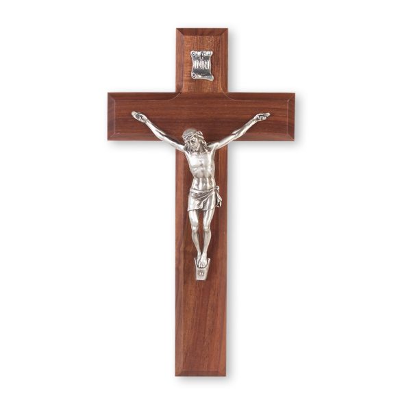12" Genuine Walnut Wood Wall Crucifix with Genuine Silver Pewter Corpus