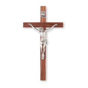 12" Genuine Walnut Wood Wall Crucifix with Genuine Silver Pewter Corpus