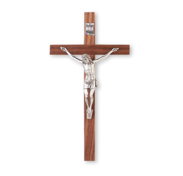 12" Genuine Walnut Wood Wall Crucifix with Genuine Silver Pewter Corpus