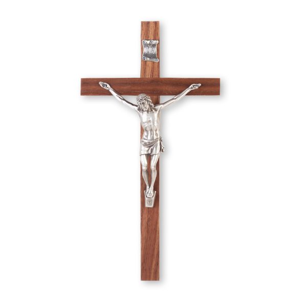 12" Genuine Walnut Wood Wall Crucifix with Genuine Silver Pewter Corpus