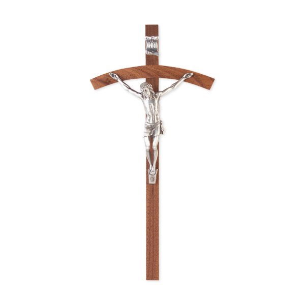 12" Walnut Wood Wall Crucifix with Genuine Silver Pewter Corpus