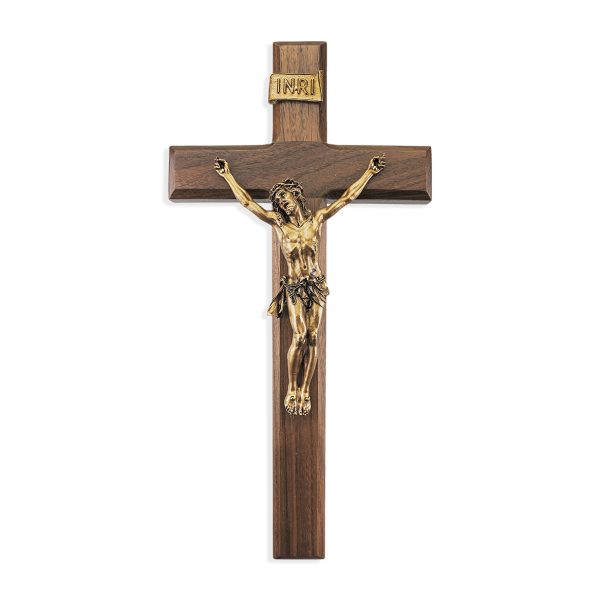12" Walnut Wood Wall Crucifix with Genuine Bronze Pewter Corpus