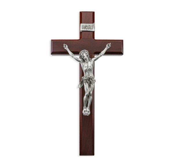 12" Dark Cherry Wood Wall Crucifix with Genuine Pewter Corpus in Antique Silver Finish