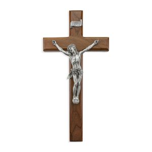 12" Walnut Wood Wall Crucifix with Genuine Silver Pewter Corpus