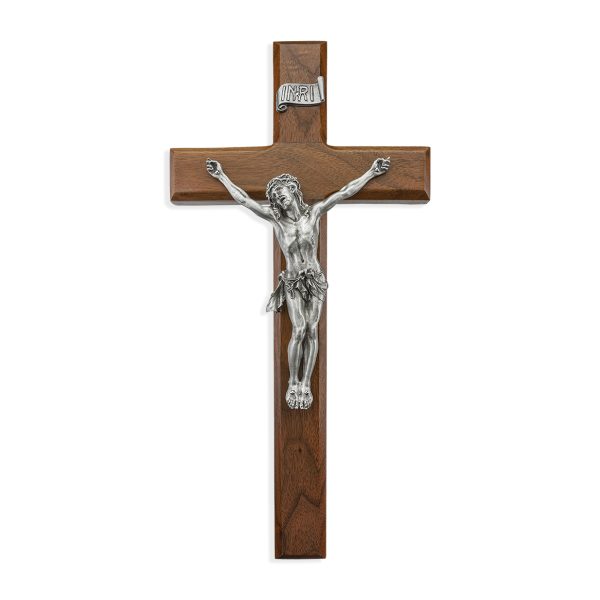 12" Walnut Wood Wall Crucifix with Genuine Silver Pewter Corpus
