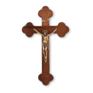 10" Walnut "Latin Style" Wood Wall Crucifix with Genuine Bronze Pewter Corpus