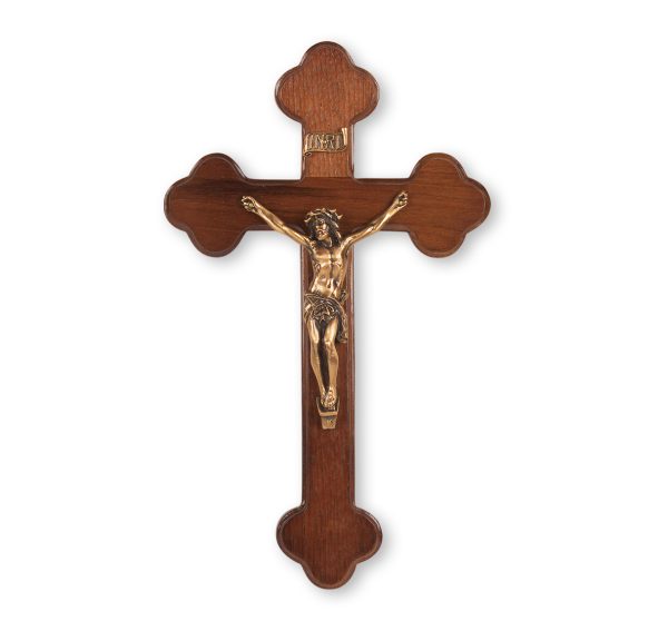 10" Walnut "Latin Style" Wood Wall Crucifix with Genuine Bronze Pewter Corpus