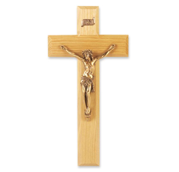 9" Oak Wood Wall Crucifix with Genuine Bronze Pewter Corpus