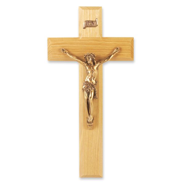 9" Oak Wood Wall Crucifix with Genuine Bronze Pewter Corpus