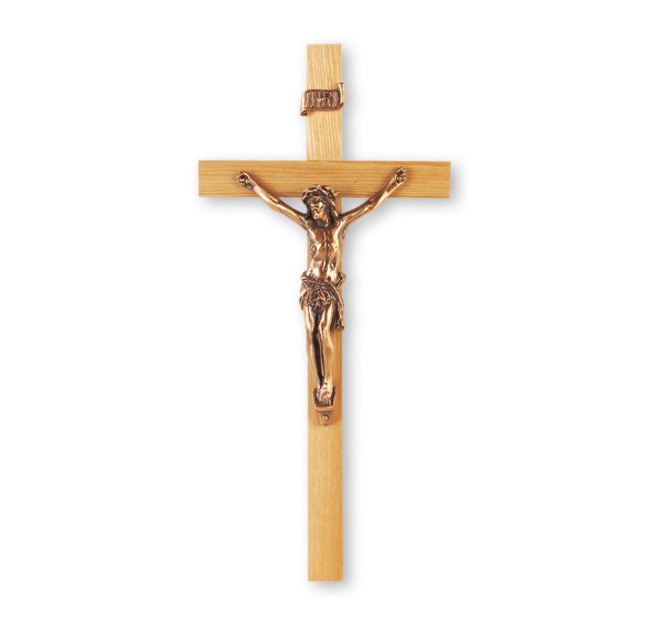 9" Oak Wall Wood Crucifix with Genuine Bronze Pewter Corpus