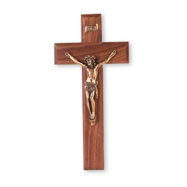 9" Genuine Walnut Wall Crucifix with Genuine Bronze Pewter Corpus