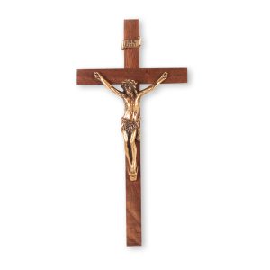 9" Genuine Walnut Wood Wall Crucifix with Genuine Bronze Pewter Corpus
