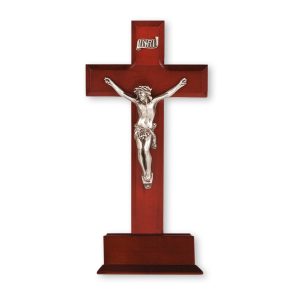 10" Dark Cherry Wood Standing Crucifix with Genuine Silver Pewter Corpus