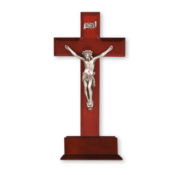 10" Dark Cherry Wood Standing Crucifix with Genuine Silver Pewter Corpus