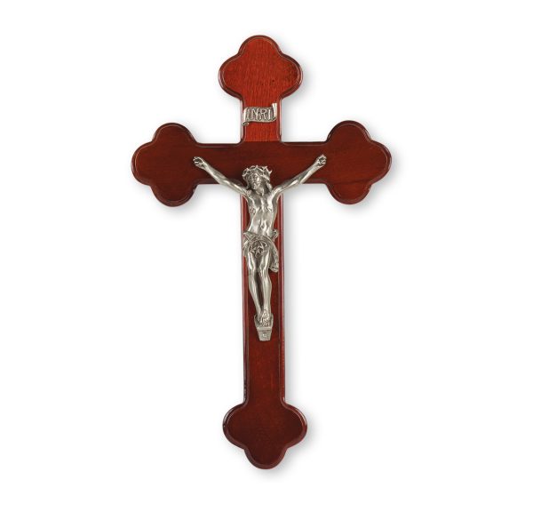 10" Dark Cherry Wood "Latin Style" Wall Crucifix with Genuine Silver Pewter Corpus