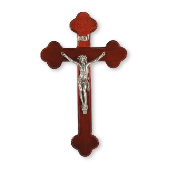 10" Dark Cherry Wood "Latin Style" Wall Crucifix with Genuine Silver Pewter Corpus
