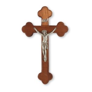10" Walnut "Latin Style" Wall Crucifix with Genuine Silver Pewter Corpus