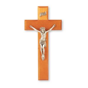 9" Natural Cherry Wood Wall Crucifix with Genuine Silver Pewter Corpus