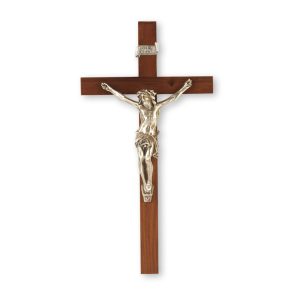 9" Genuine Walnut Wall Crucifix with Genuine Silver Pewter Corpus
