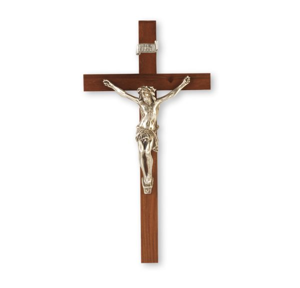 9" Genuine Walnut Wall Crucifix with Genuine Silver Pewter Corpus