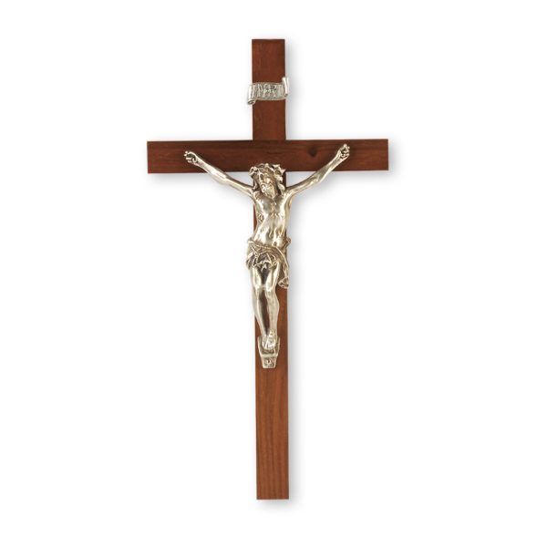 9" Genuine Walnut Wall Crucifix with Genuine Silver Pewter Corpus