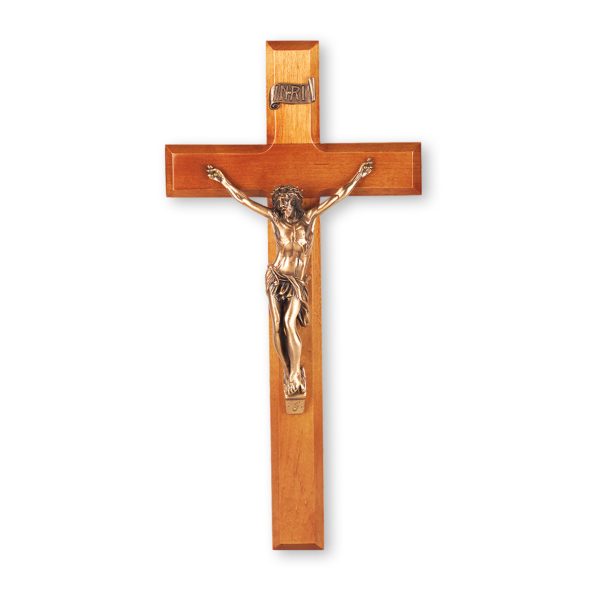 12" Natural Cherry Wood Wall Crucifix with Genuine Bronze Pewter Corpus