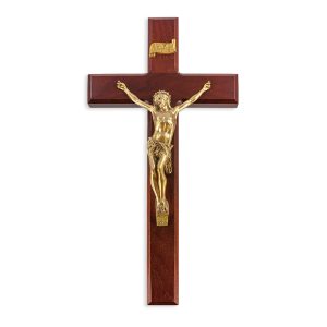 12" Dark Cherry Wood Wall Crucifix with Genuine Bronze Pewter Corpus
