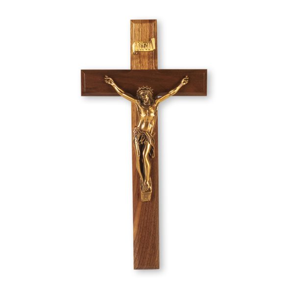 12" Genuine Walnut Wall Crucifix with Genuine Bronze Pewter Corpus