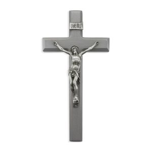 12" Camtry Gray Wood Wall Crucifix with Genuine Silver Pewter Corpus