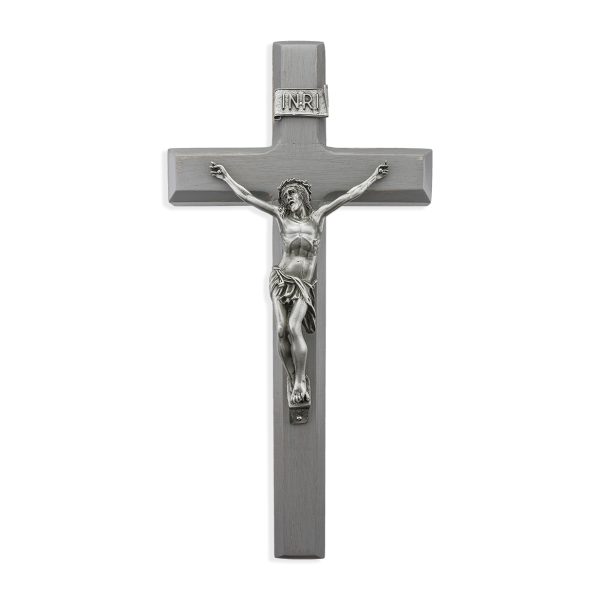 12" Camtry Gray Wood Wall Crucifix with Genuine Silver Pewter Corpus