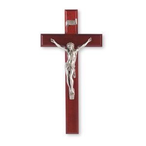 12" Dark Cherry Wood Wall Crucifix with Genuine Silver Pewter Corpus