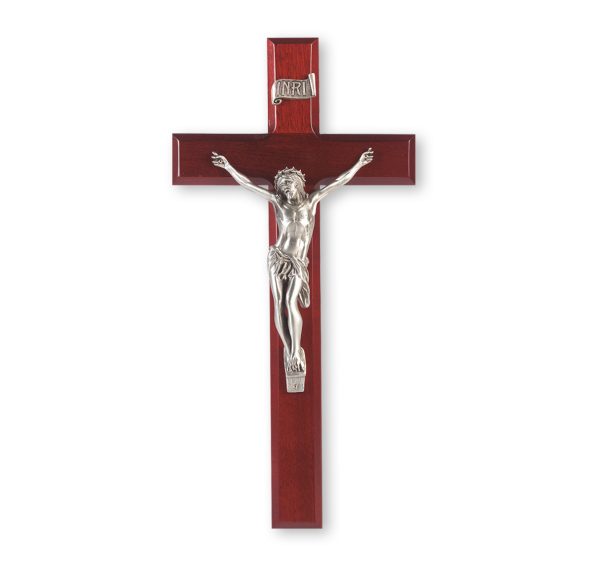 12" Dark Cherry Wood Wall Crucifix with Genuine Silver Pewter Corpus