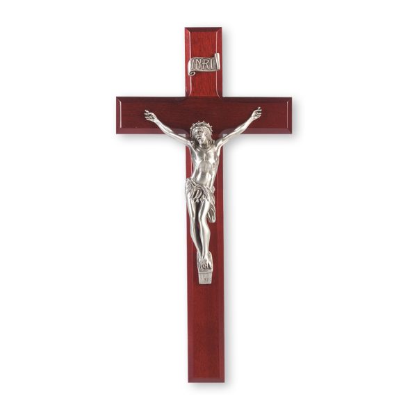 12" Dark Cherry Wood Wall Crucifix with Genuine Silver Pewter Corpus