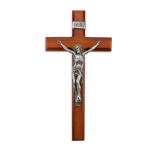 12" Twotone Wood Wall Crucifix with Genuine Silver Pewter Corpus