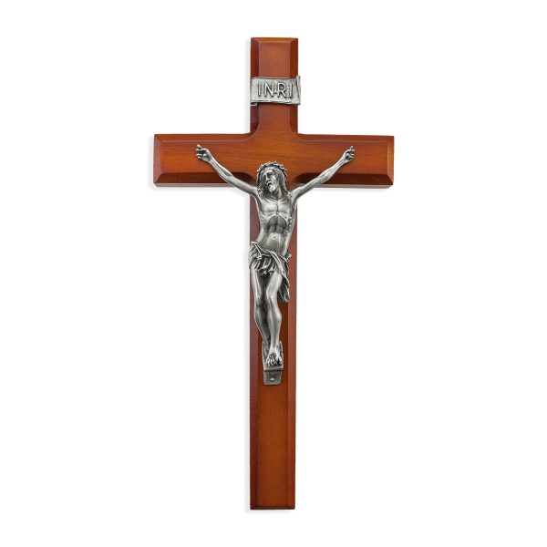 12" Twotone Wood Wall Crucifix with Genuine Silver Pewter Corpus